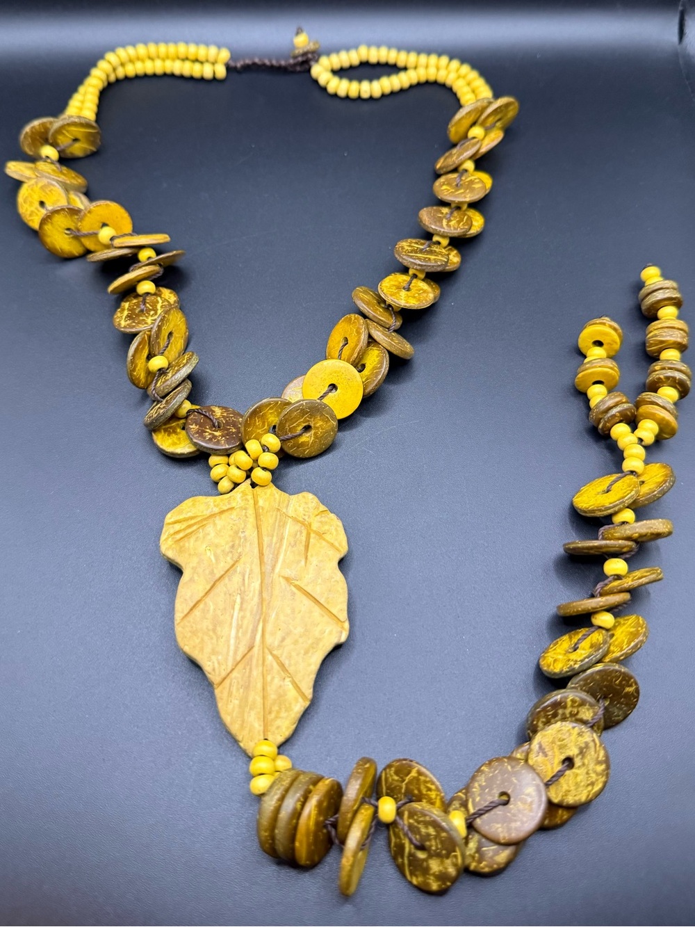 Handcrafted Yellow Leaf Pendant Brown Coconut Shell Necklace Boho Natural